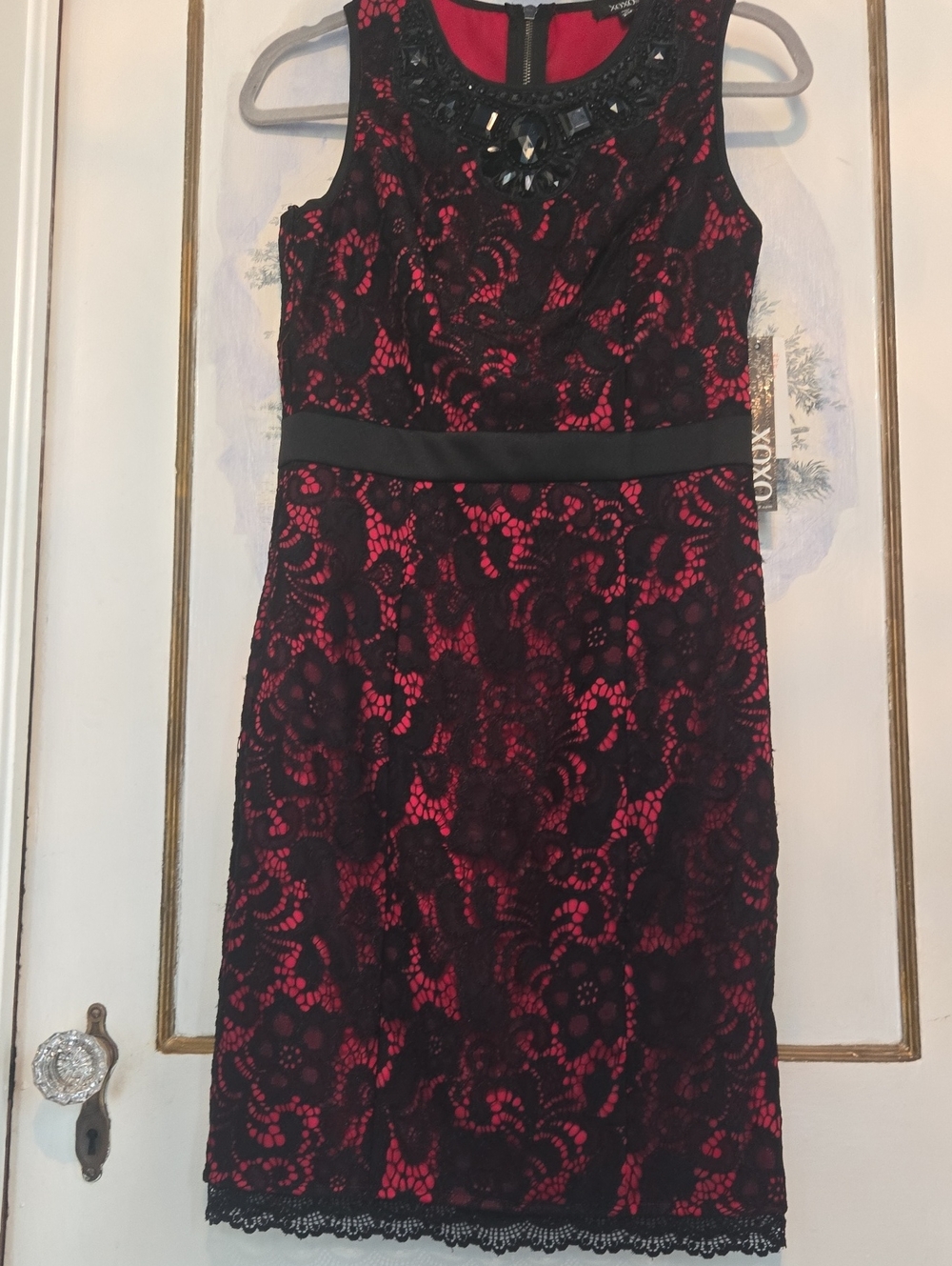 XOXO Black Lace Overlay Dress with Red Underlay